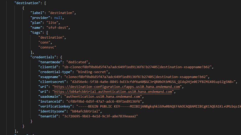 Figure 24 โ Destination service credentials in default-env.json