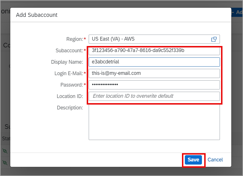 Add Subaccount dialogue