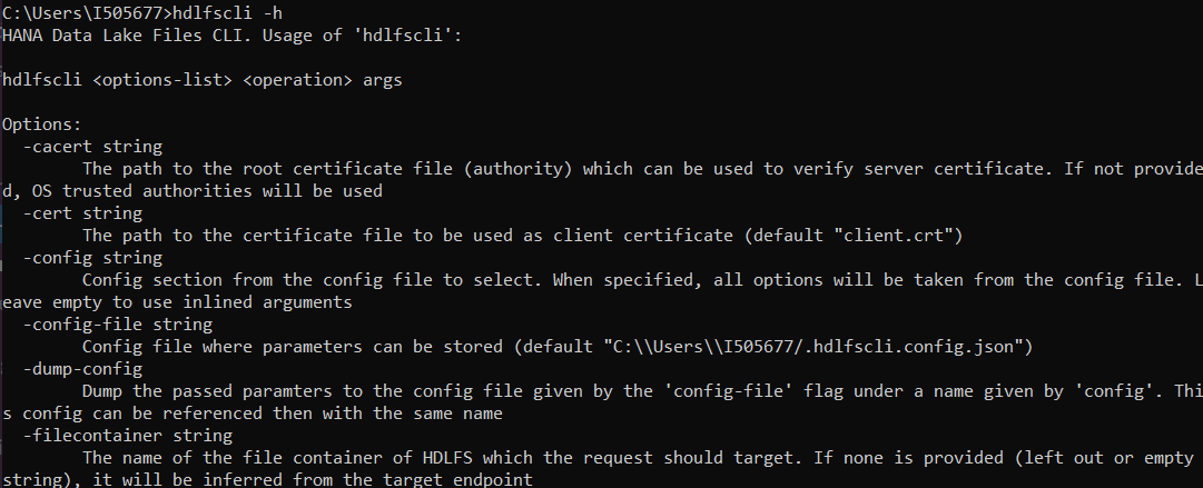Sample HDLFSCLI help output
