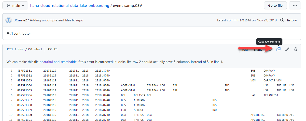 Selecting Copy Raw Contents on the GitHub File.