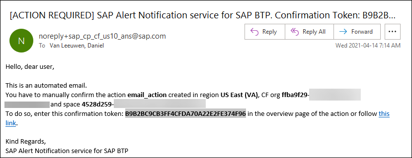 email with confirmation token