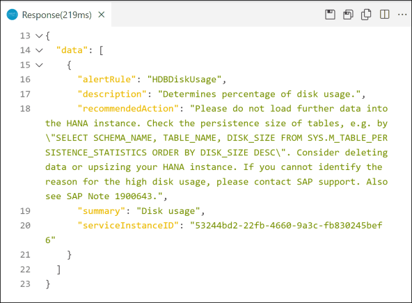 Result of request to return the HDBDiskUsage alert rule