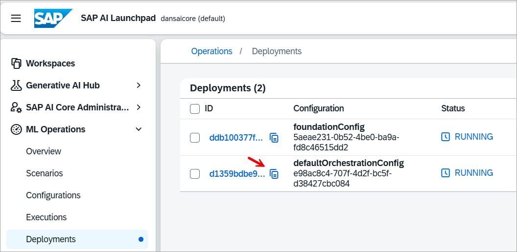 finding the deployment ID in the SAP AI Launchpad
