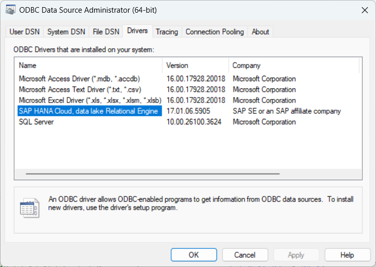 odbc admin drivers