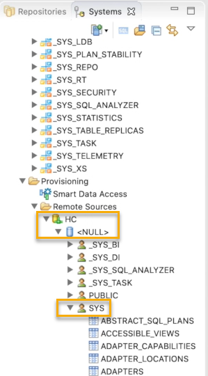 HANA Studio HC SYS Tree Open