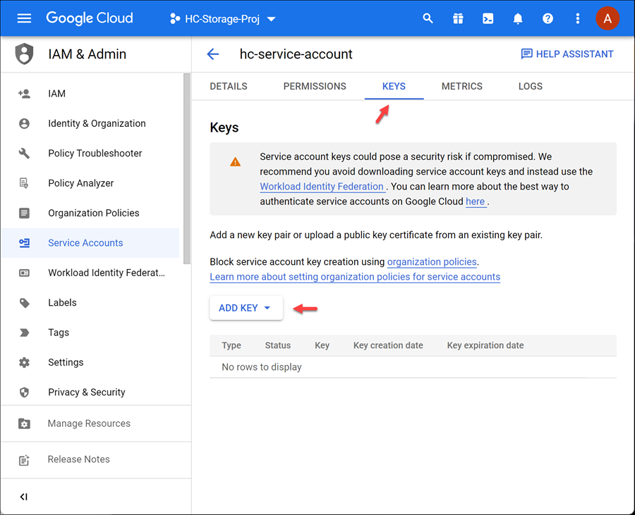 add a key to the service account