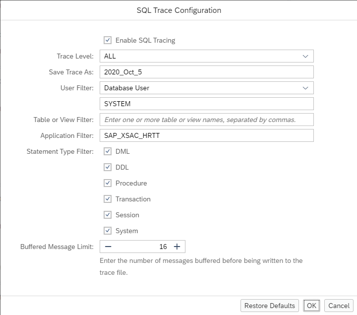 SQL Trace Dialog