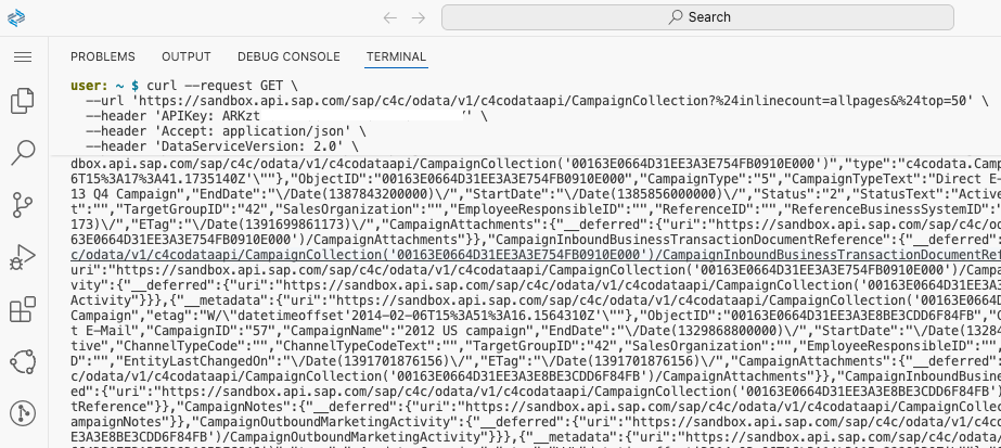 request complete, JSON representation shown, unformatted