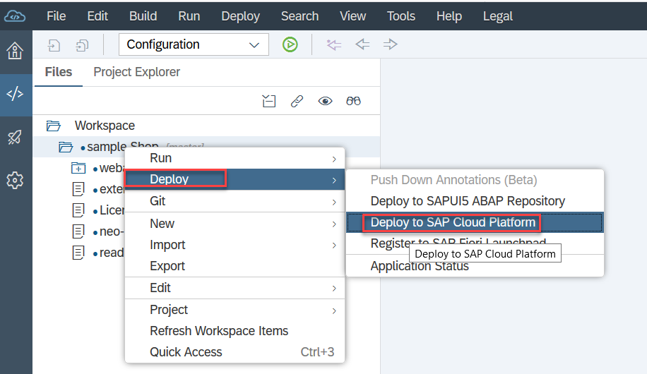 deploy to SAP BTP menu