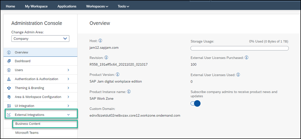 Open Business Content entry