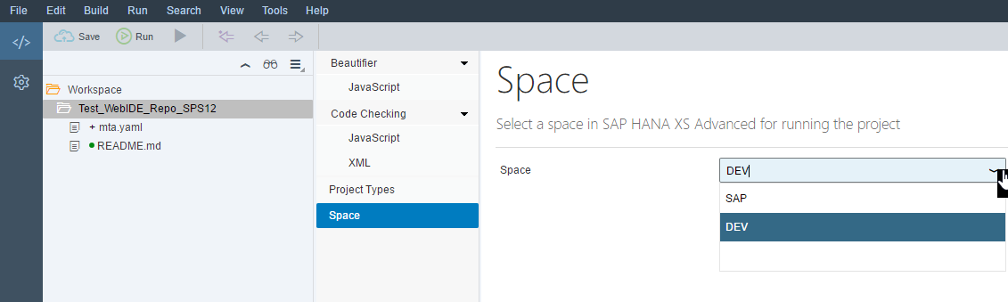 Select DEV space