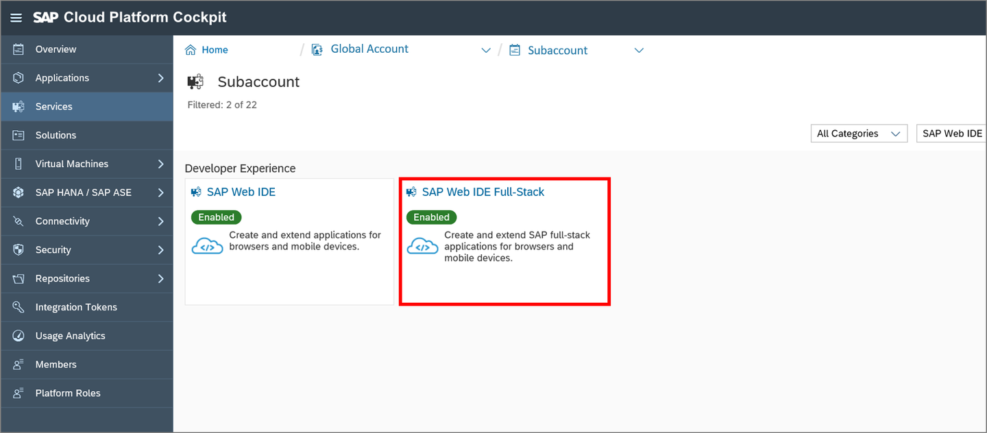 Open SAP Web IDE service overview in SAP Business Technology Platform