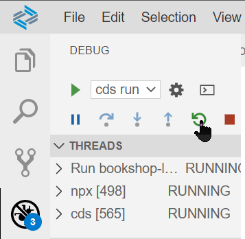 The Debug panel with a pointer to the restart button.