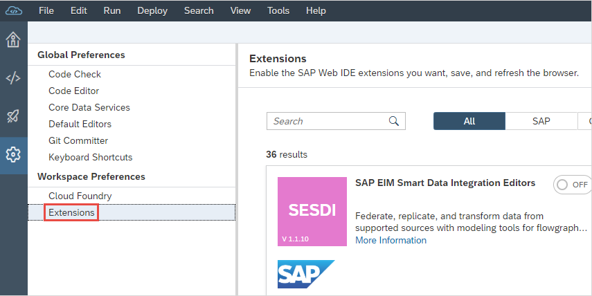 extension preferences highlighted