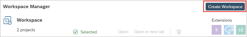 workspace manager with create button highlighted