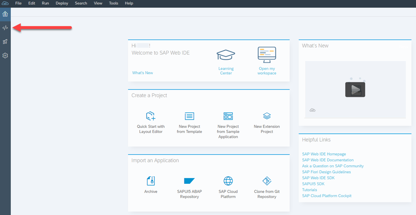 SAP Web IDE homepage with code icon highlighted