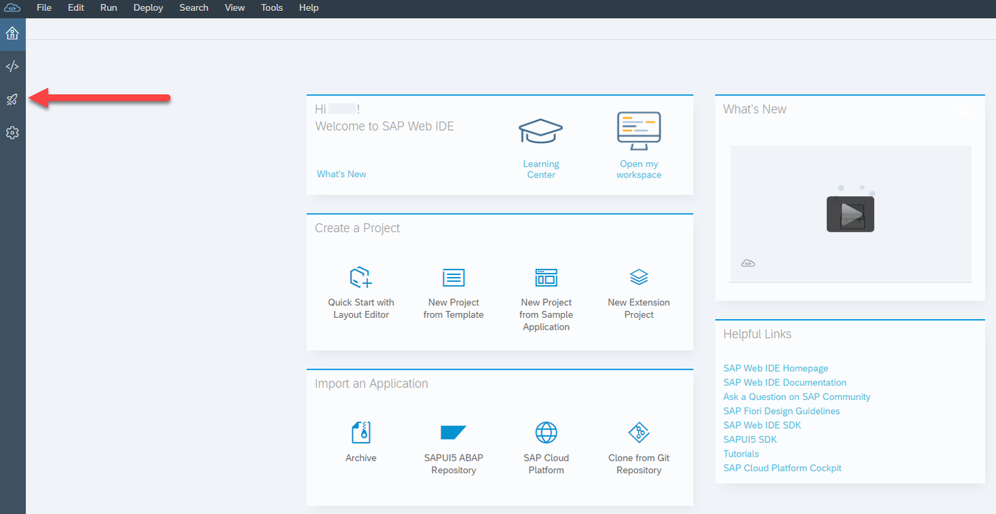 SAP Web IDE homepage with rocket ship icon highlighted