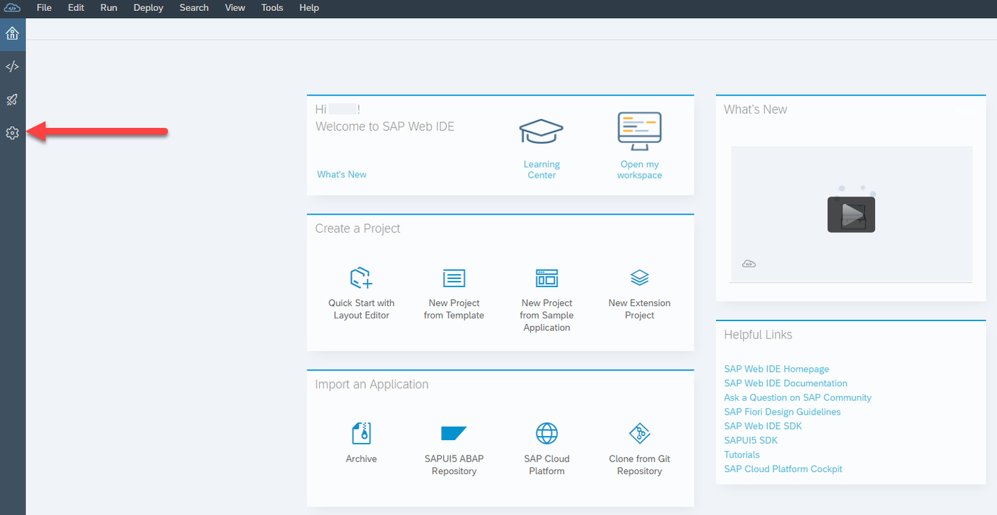 SAP Web IDE homepage with gear icon highlighted