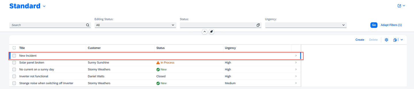List view page with draft incident
