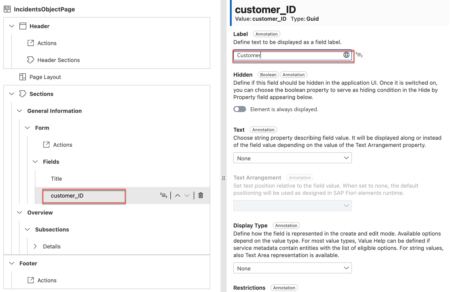 Customer field update label