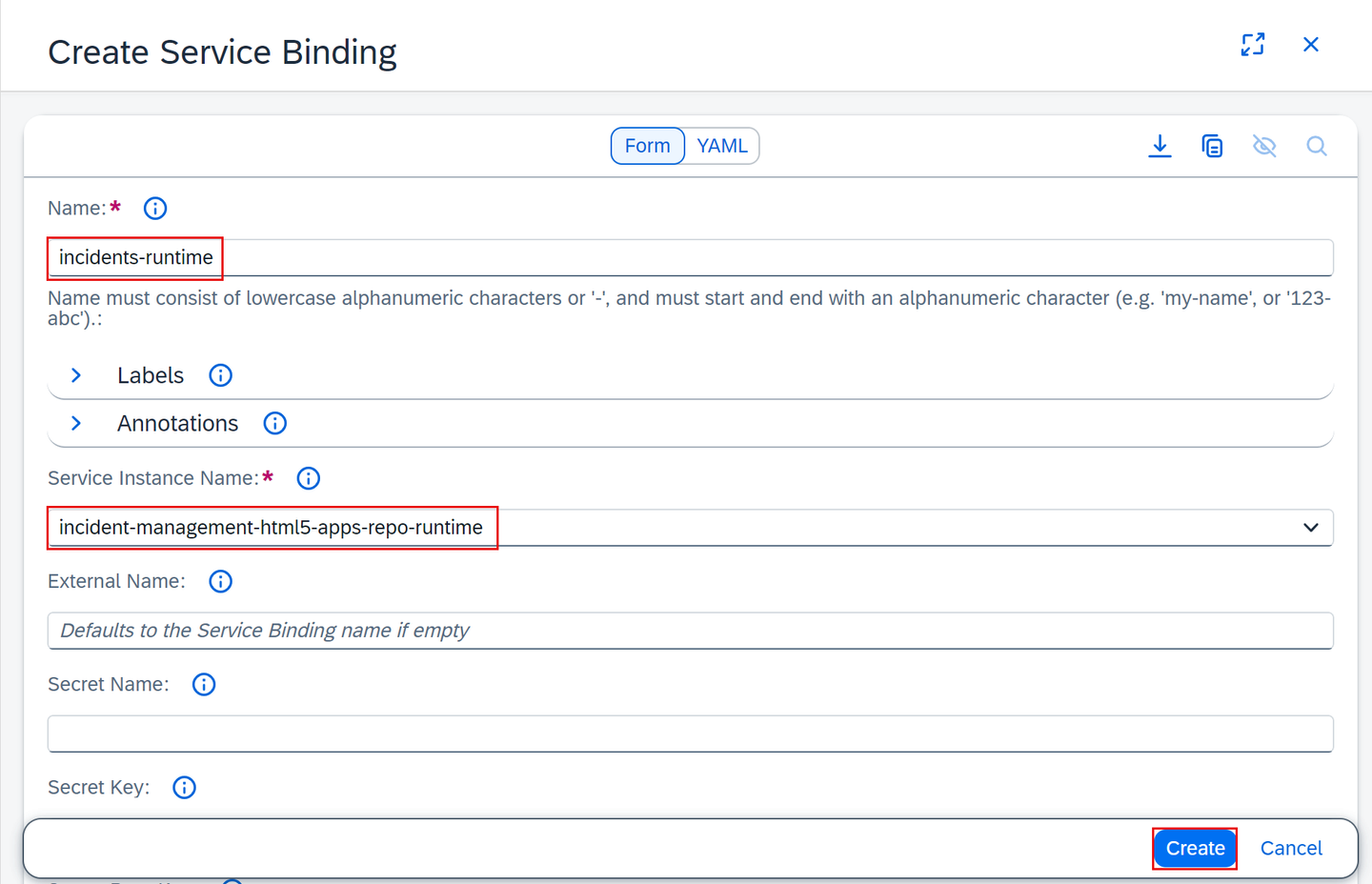 Create Service Binding