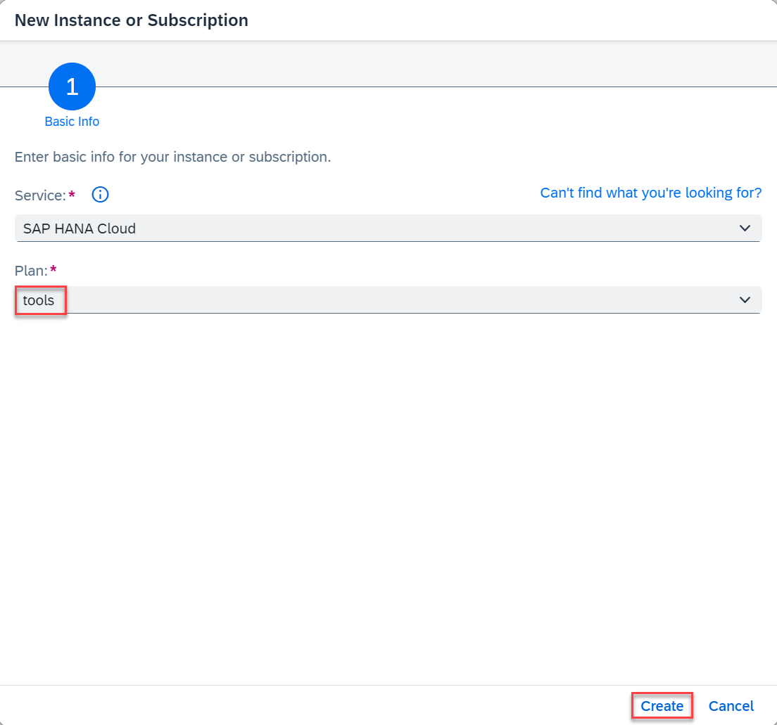 SAP HANA Cloud tools instance creation popup