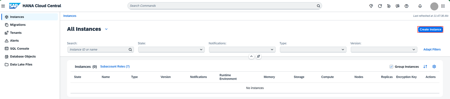 SAP HANA Cloud create instance