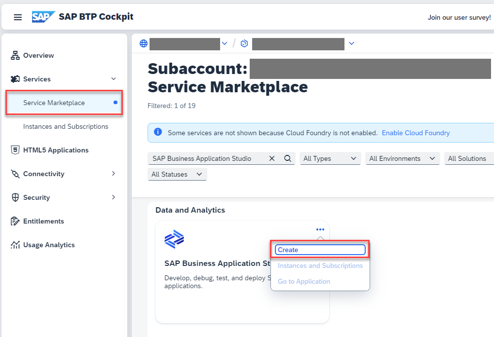 screenshot showing the “three dots menu” for SAP Business Application Studio in the Service Marketplace. after opening the menu an option to create an SAP Business Application Studio Instance is seen.