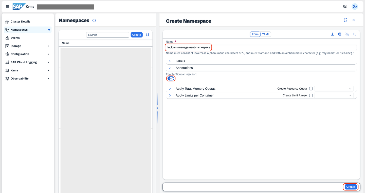 Create namespace dialog