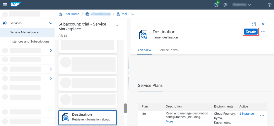From the Destination service tile, choose Create.