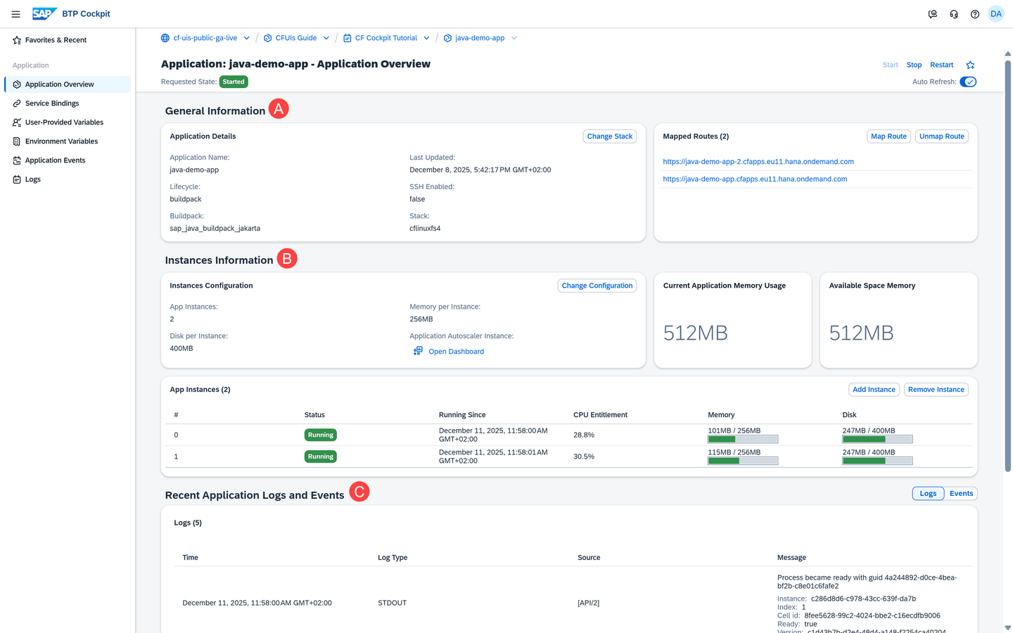 General Information, Instances Information, Recent Logs and Events