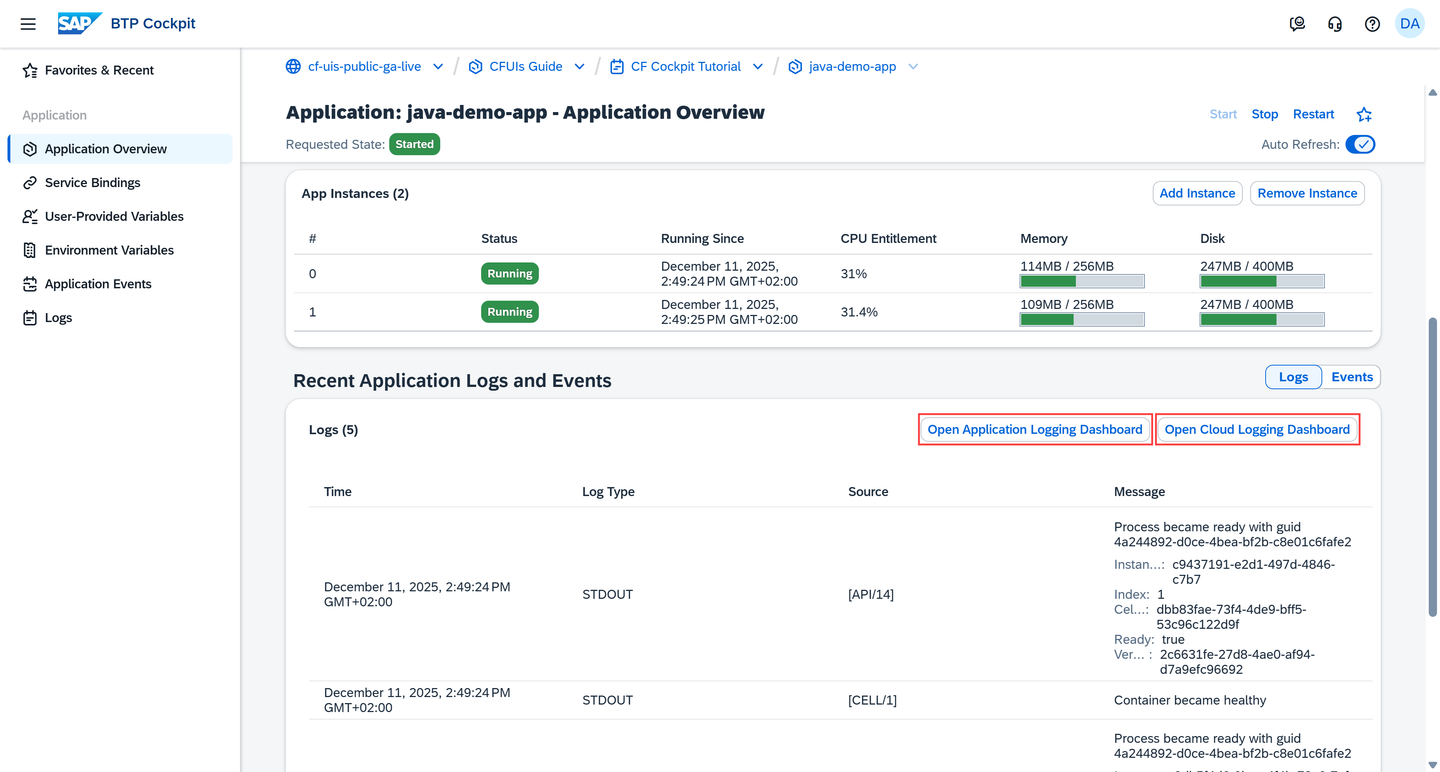 Choose Open Application Logging Dashboard or Open Cloud Logging Dashboard
