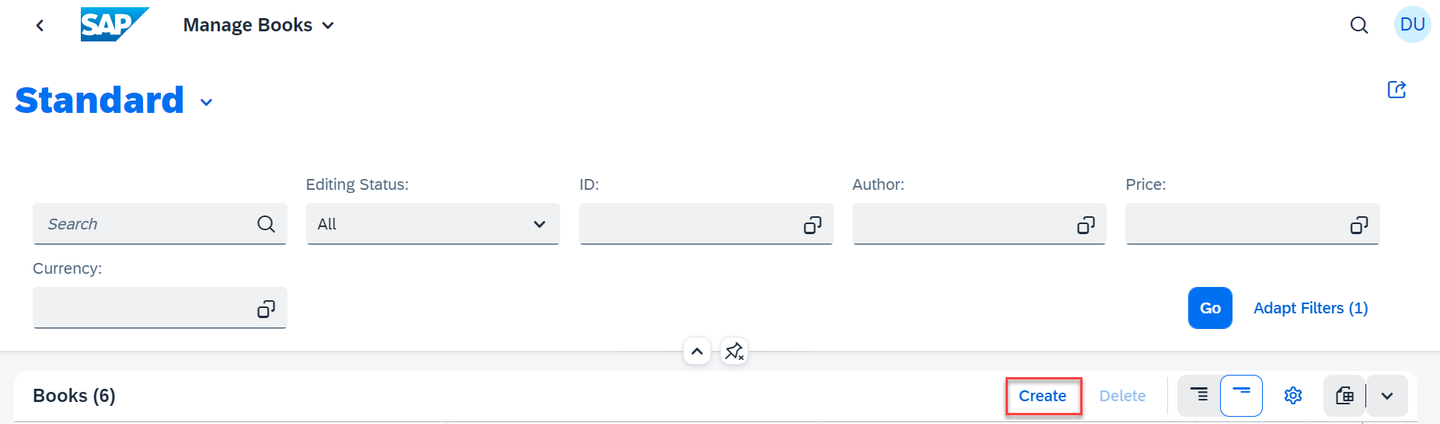 Create button in bookshop app