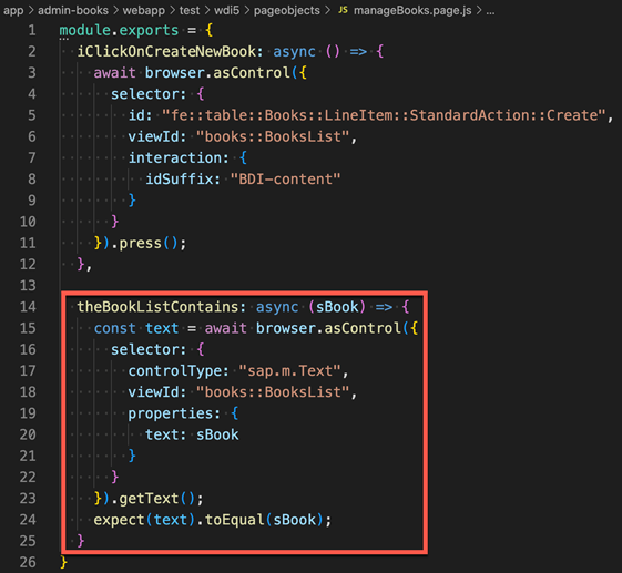 Page object after adding the code snippet from the test recorder