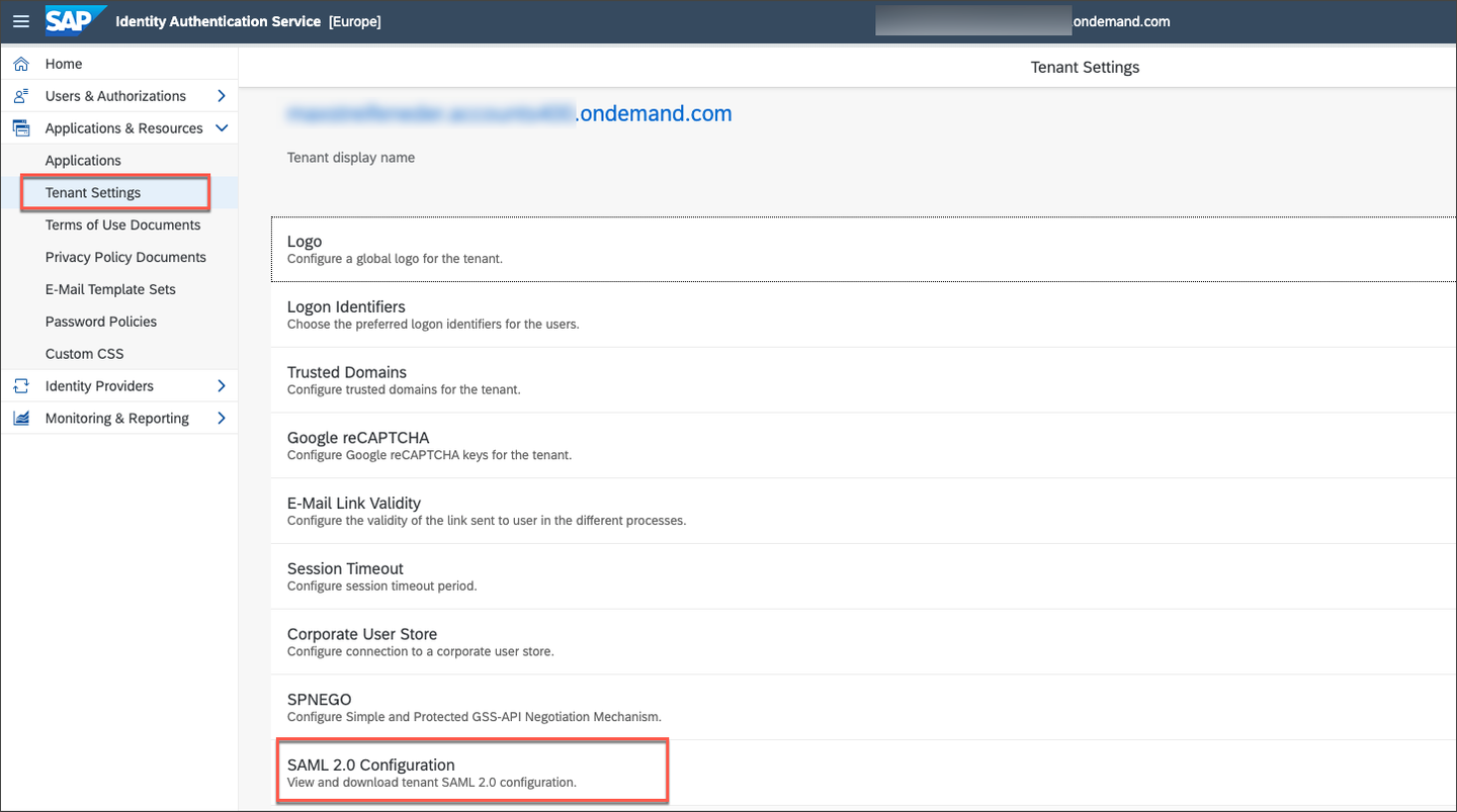 Navigate to Tenant Settings and SAML 2.0 Configuration