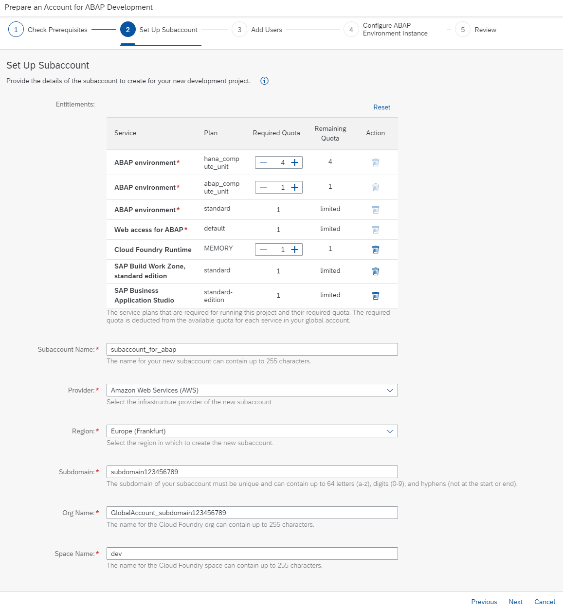 Configure Quota for ABAP Boosters
