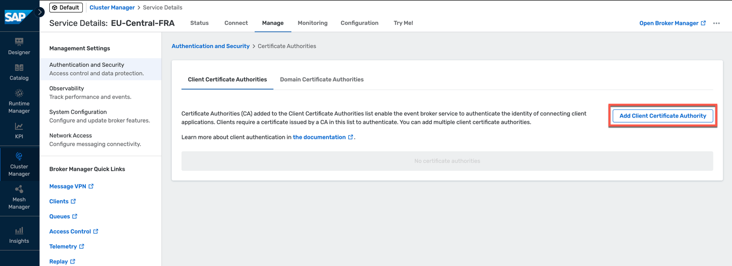 Add Client Certificate Authority button