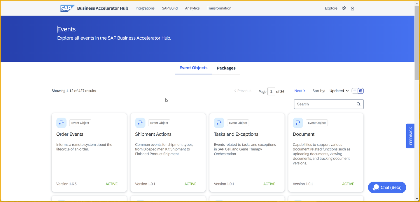 Events category in the SAP Business Accelerator Hub