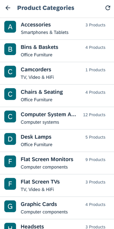 Product category list screen