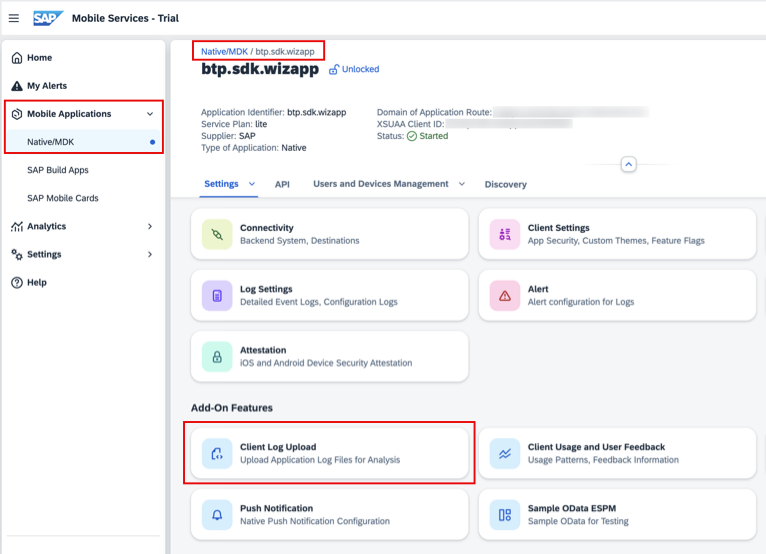 Mobile Applications > Native/MDK > btp.sdk.wizapp > Client Log Upload