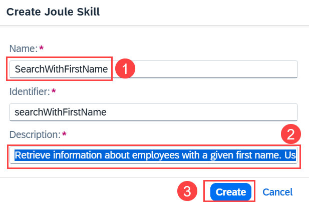 Create Joule Skill popup