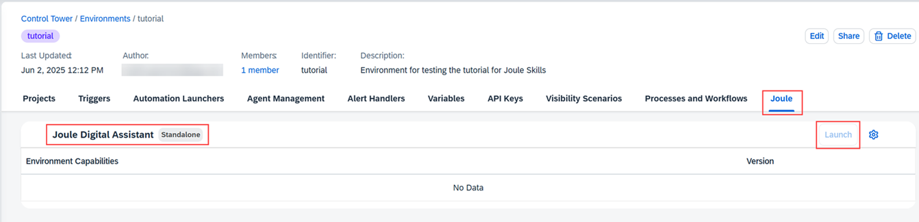 Joule tab in environment