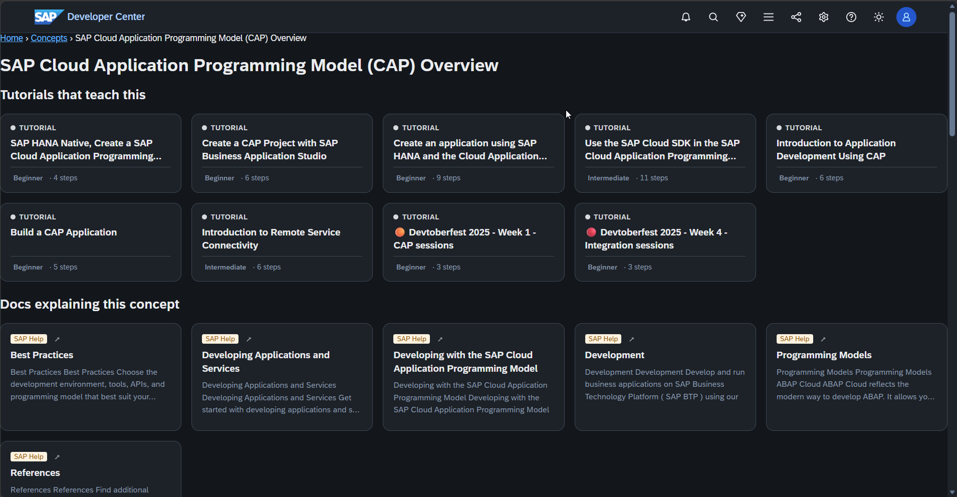 A concept landing page describing CAP with sections for tutorials that teach, require, and relate.